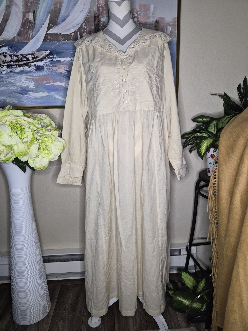 April Cornell Cream Long Sleeve Maxi Dress with Embroidered Yoke